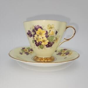 Footed Teacup & Saucer Clarence Bone China England Purple &‎ Yellow Violets Gold